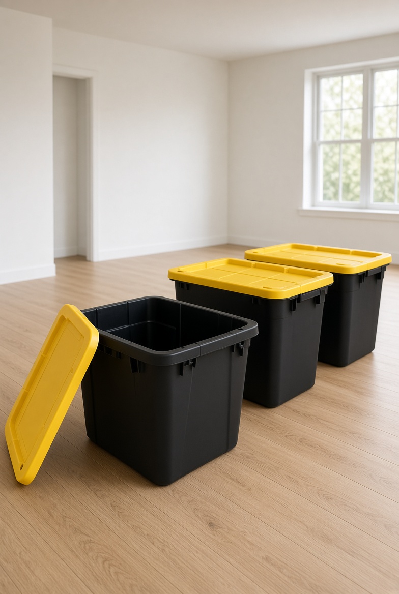 Black 27-gallon Totely Simple totes with yellow lids, one open