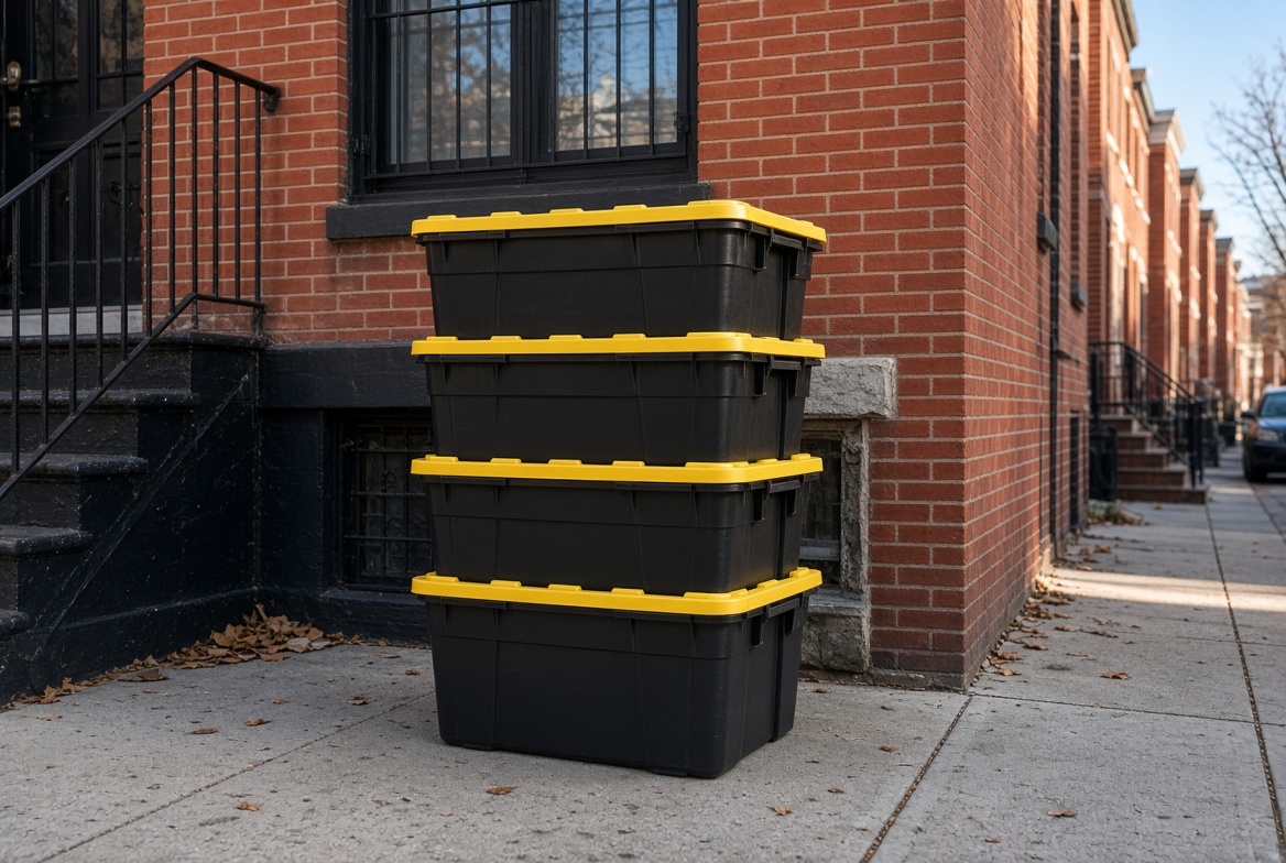 Stack of black 27-gallon Totely Simple totes with yellow lids on a sidewalk