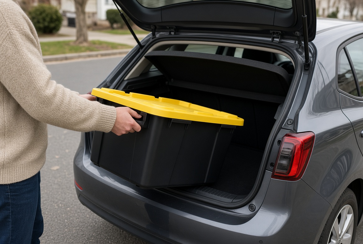 Loading a black 27-gallon tote with a yellow lid into a car